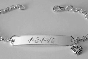 Custom Engraved Personalized Silver Plated ID Bracelet with Heart Charm - Hand Engraved