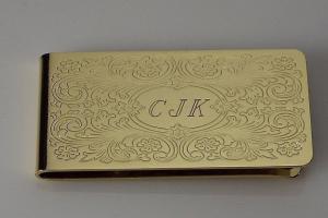 Custom Engraved Money Clip Personalized Gold Tone with Scroll Design -Hand Engraved