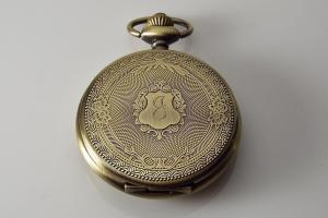 Engraved Pocket Watch Fancy Crest Cover Personalized Bronze Color Vintage Look Quartz Battery Operated - Hand Engraved