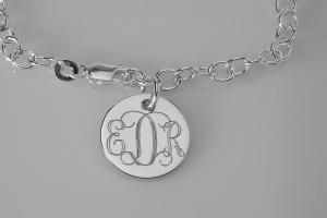 Custom Engraved Monogram or Initial Bracelet Personalized Sterling Silver Petite Round Disc 8 Inch Length - Hand Engraved