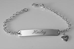 Custom Engraved Personalized Silver Plated ID Bracelet with Heart Charm - Hand Engraved