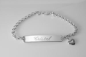 Custom Engraved Personalized Silver Plated ID Bracelet with Heart Charm - Hand Engraved