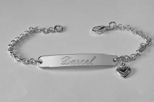 Custom Engraved Personalized Silver Plated ID Bracelet with Heart Charm - Hand Engraved