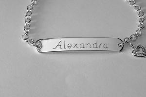 Custom Engraved Personalized Silver Plated ID Bracelet with Heart Charm - Hand Engraved