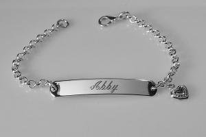 Custom Engraved Personalized Silver Plated ID Bracelet with Heart Charm - Hand Engraved