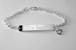 Custom Engraved Personalized Silver Plated ID Bracelet with Heart Charm - Hand Engraved