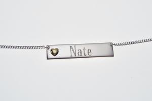 Personalized Heavy Bar Name Necklace Custom Engraved Sterling Silver with Gold Plated Heart Accent - Hand Engraved