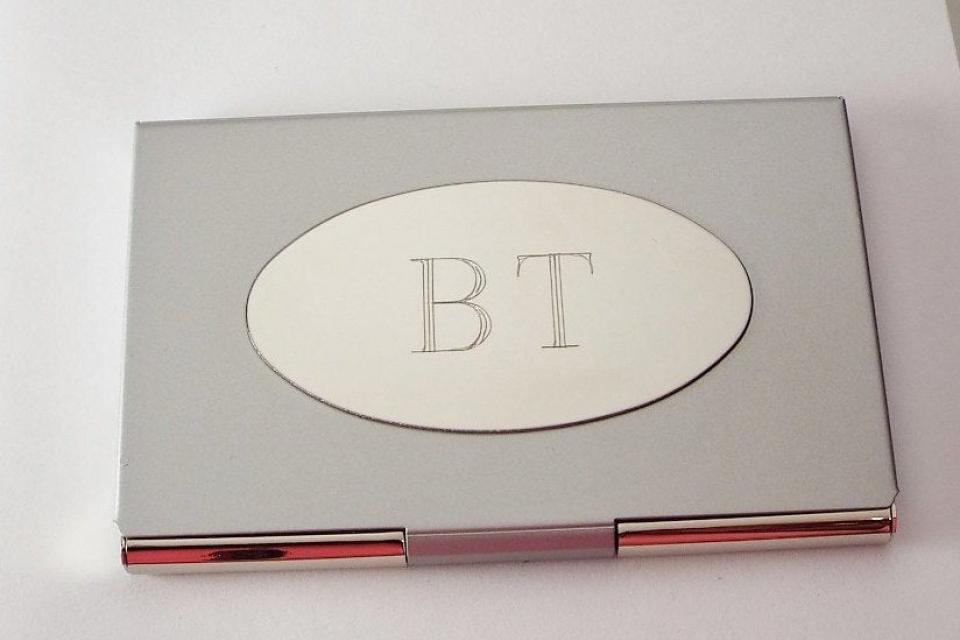 Custom Engraved Personalized Business Card Holder with Oval Engraving Plate -Hand Engraved