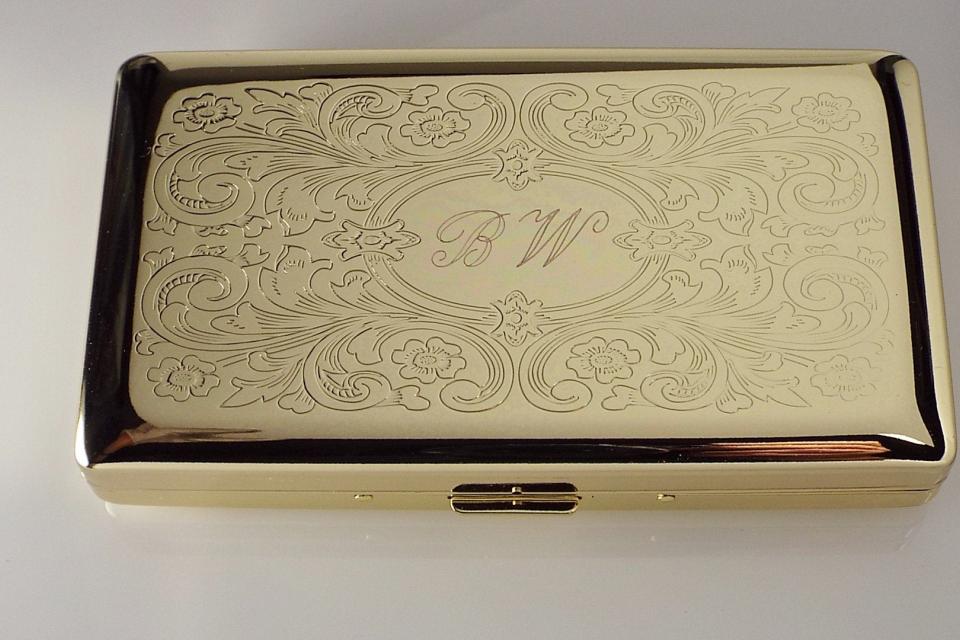 Personalized Golden 120s Cigarette Case Double Sided with Scroll Design Custom Engraved  -Hand Engraved