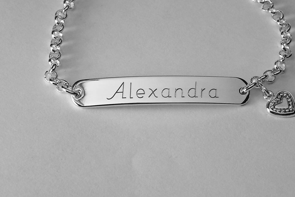 Custom Engraved Personalized Silver Plated ID Bracelet with Heart Charm - Hand Engraved