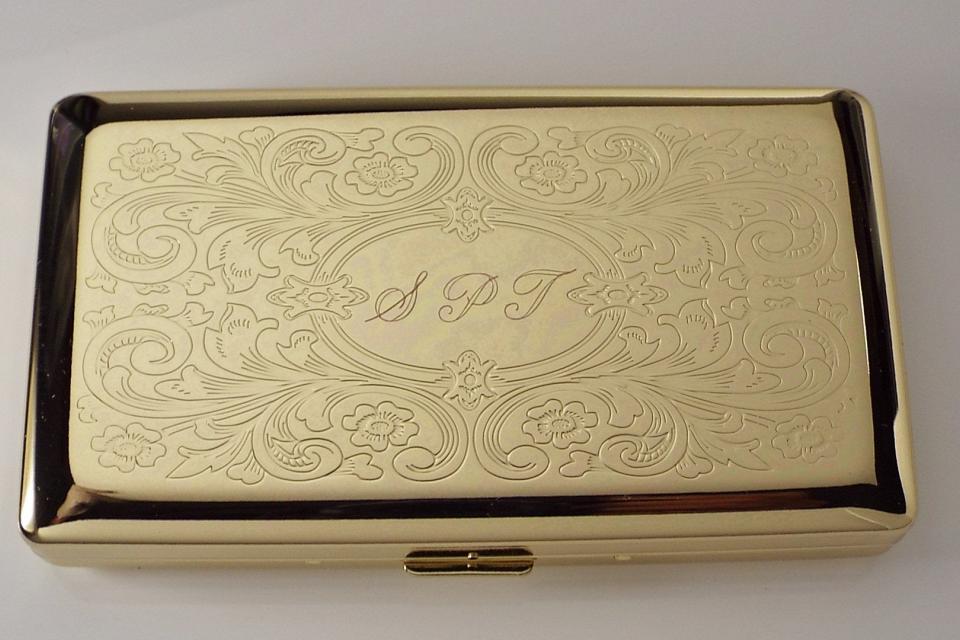 Personalized Golden 120s Cigarette Case Double Sided with Scroll Design Custom Engraved  -Hand Engraved