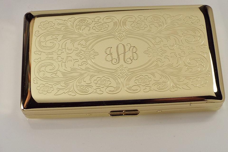 Personalized Golden 120s Cigarette Case Double Sided with Scroll Design Custom Engraved  -Hand Engraved