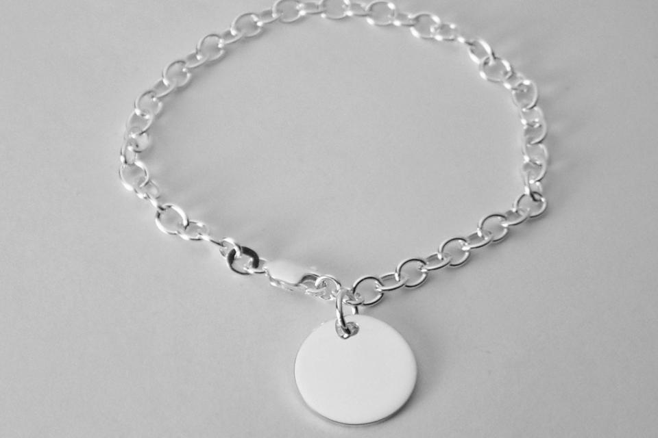 Custom Engraved Monogram or Initial Bracelet Personalized Sterling Silver Petite Round Disc 8 Inch Length - Hand Engraved