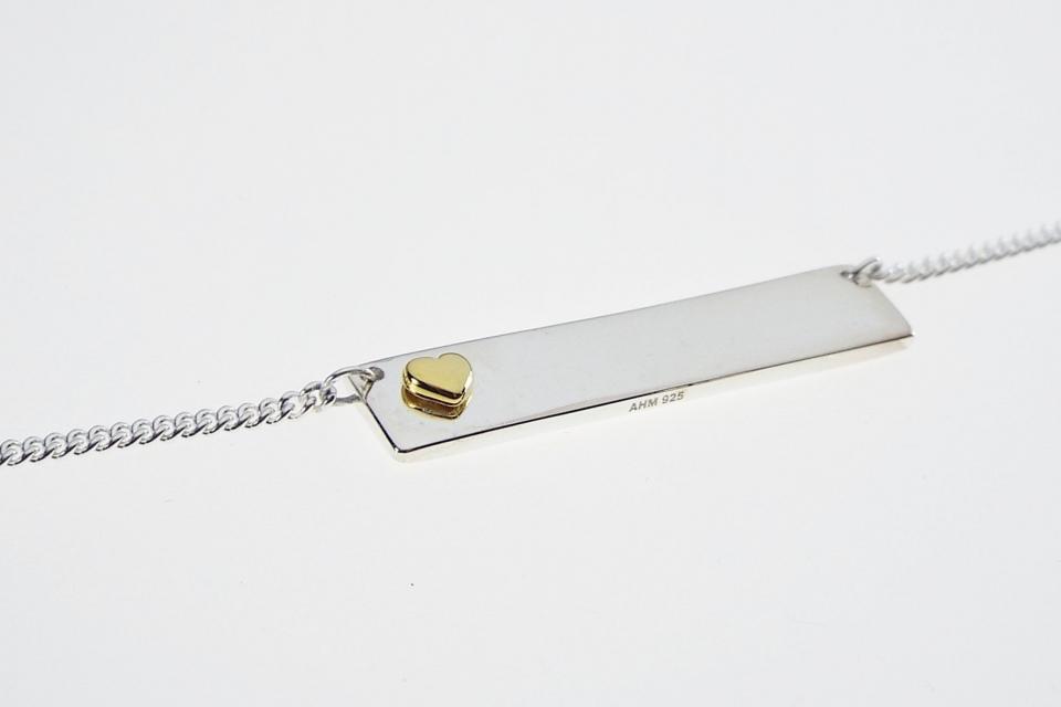 Personalized Heavy Bar Name Necklace Custom Engraved Sterling Silver with Gold Plated Heart Accent - Hand Engraved