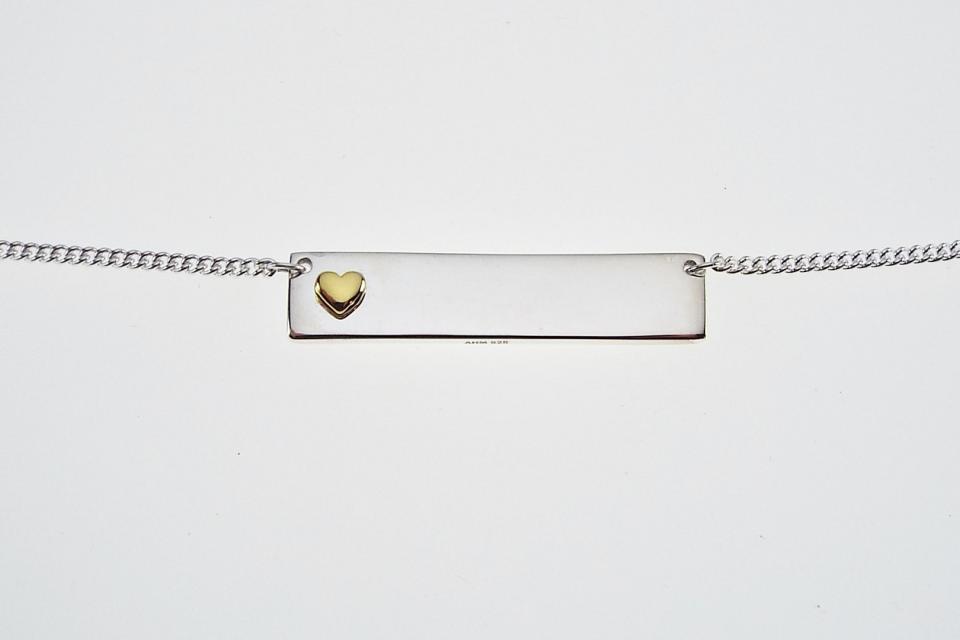 Personalized Heavy Bar Name Necklace Custom Engraved Sterling Silver with Gold Plated Heart Accent - Hand Engraved