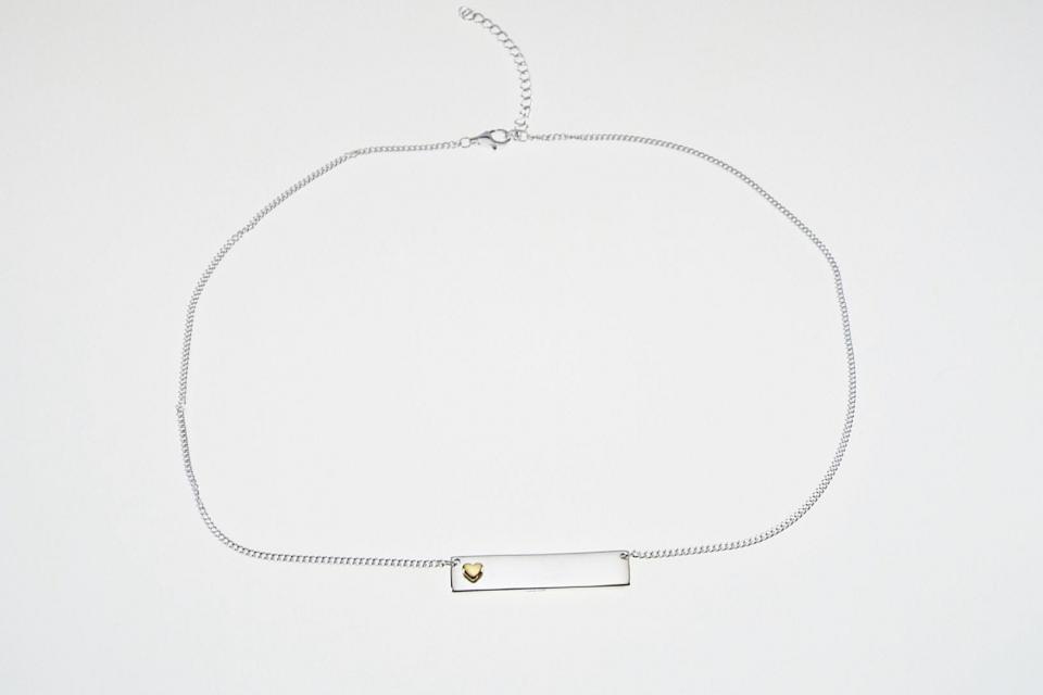 Personalized Heavy Bar Name Necklace Custom Engraved Sterling Silver with Gold Plated Heart Accent - Hand Engraved
