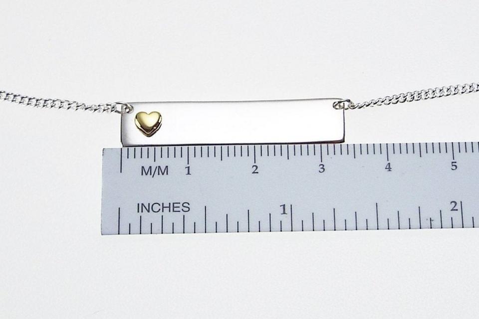 Personalized Heavy Bar Name Necklace Custom Engraved Sterling Silver with Gold Plated Heart Accent - Hand Engraved