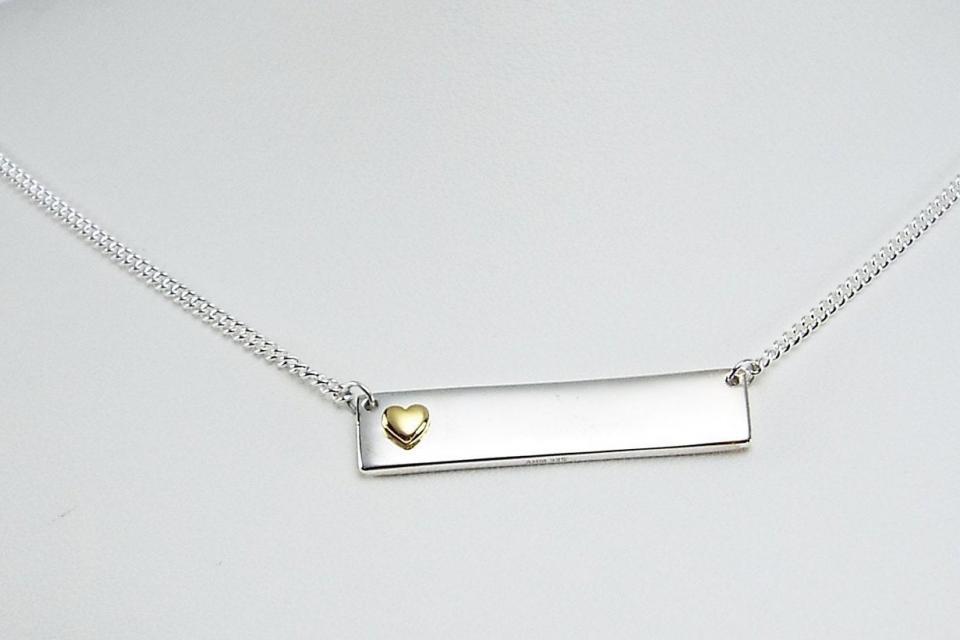 Personalized Heavy Bar Name Necklace Custom Engraved Sterling Silver with Gold Plated Heart Accent - Hand Engraved