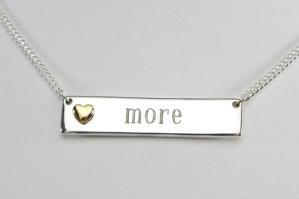 Personalized Heavy Bar Name Necklace Custom Engraved Sterling Silver with Gold Plated Heart Accent - Hand Engraved