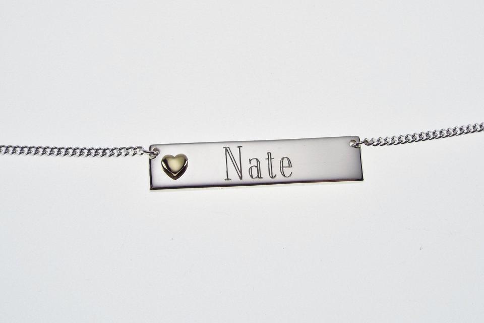 Personalized Heavy Bar Name Necklace Custom Engraved Sterling Silver with Gold Plated Heart Accent - Hand Engraved