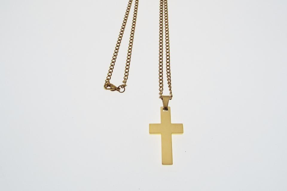 Personalized Custom Engraved Gold Plated Stainless Steel Cross Bead Chain or Curb Style Chain - Hand Engraved